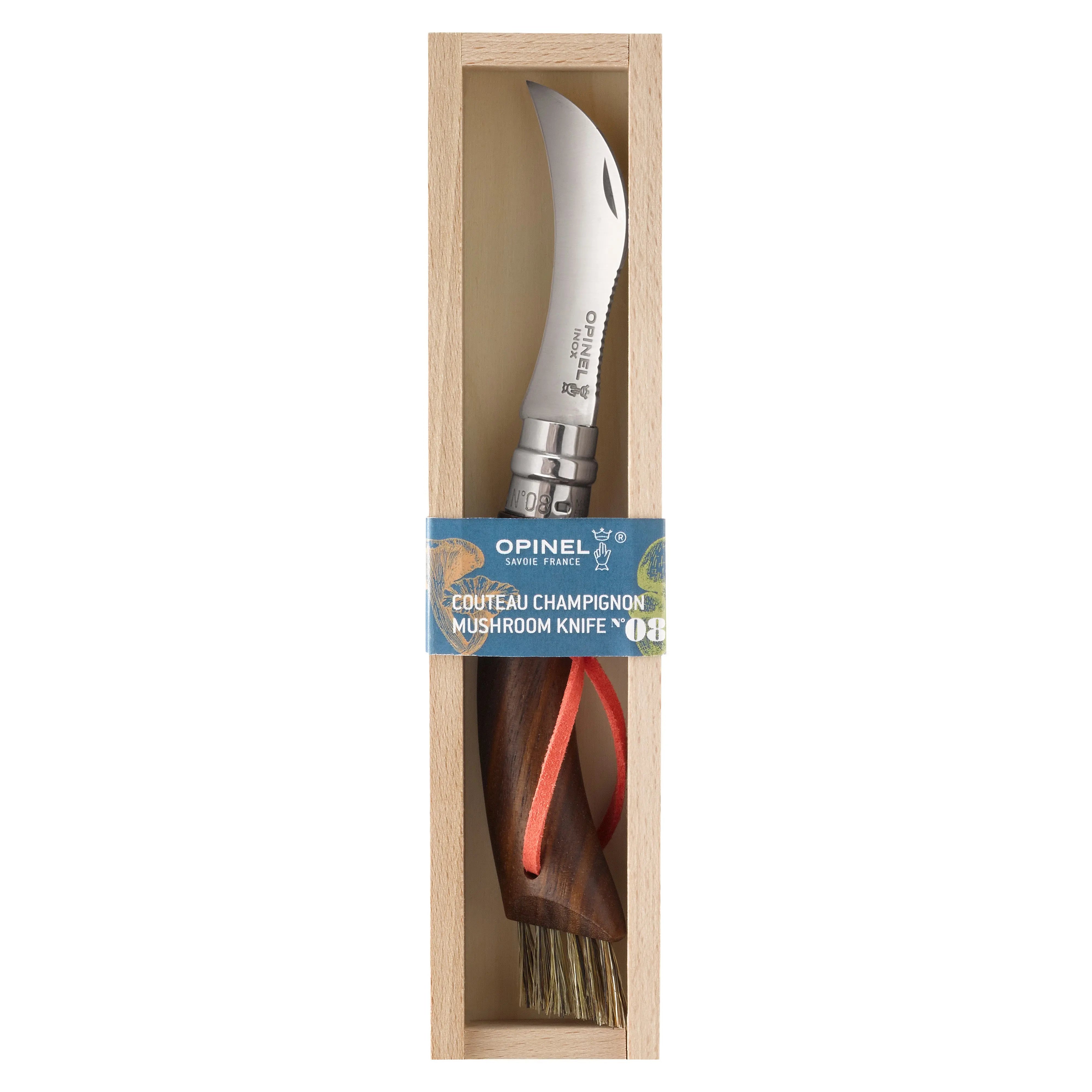 Opinel No. 8 Champignon Noyer Noir Messer Nussbaum – Pilzmesser mit Bürste & gebogener Klinge Opinel
