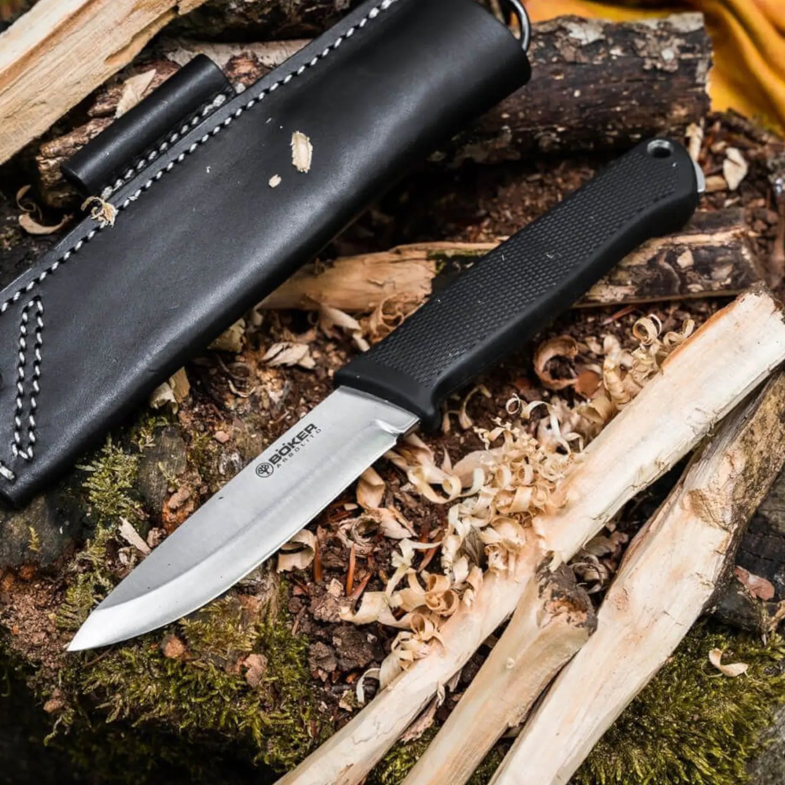 Böker Arbolito BK-1 – Bushcraft Messer N690 Stahl, TPE Griff, Lederscheide Böker Arbolito