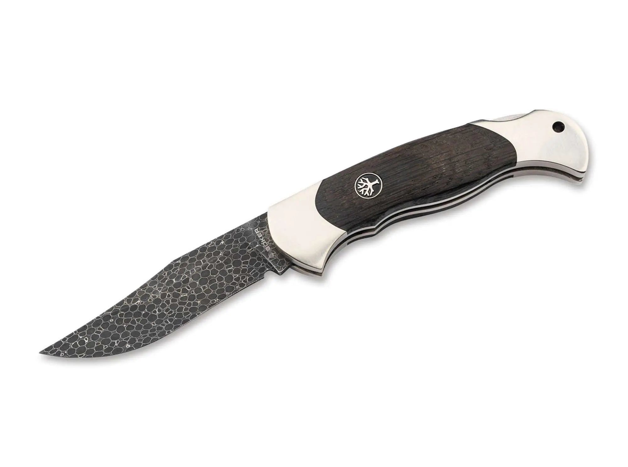 Böker Scout Damast Mooreiche – Limitiert, Dragonskin, Neusilber, Backlock, Solingen, 40th Anniversary Damast Böker Manufaktur Solingen