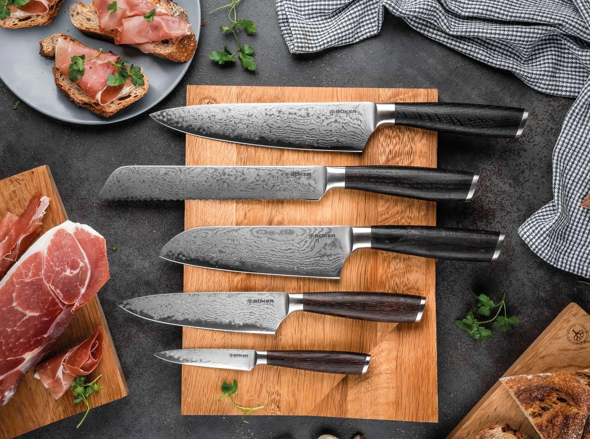 Böker Meisterklinge Damast Brotmesser – VG-10 Kern, Räuchereiche, lebenslange Garantie Böker Manufaktur Solingen
