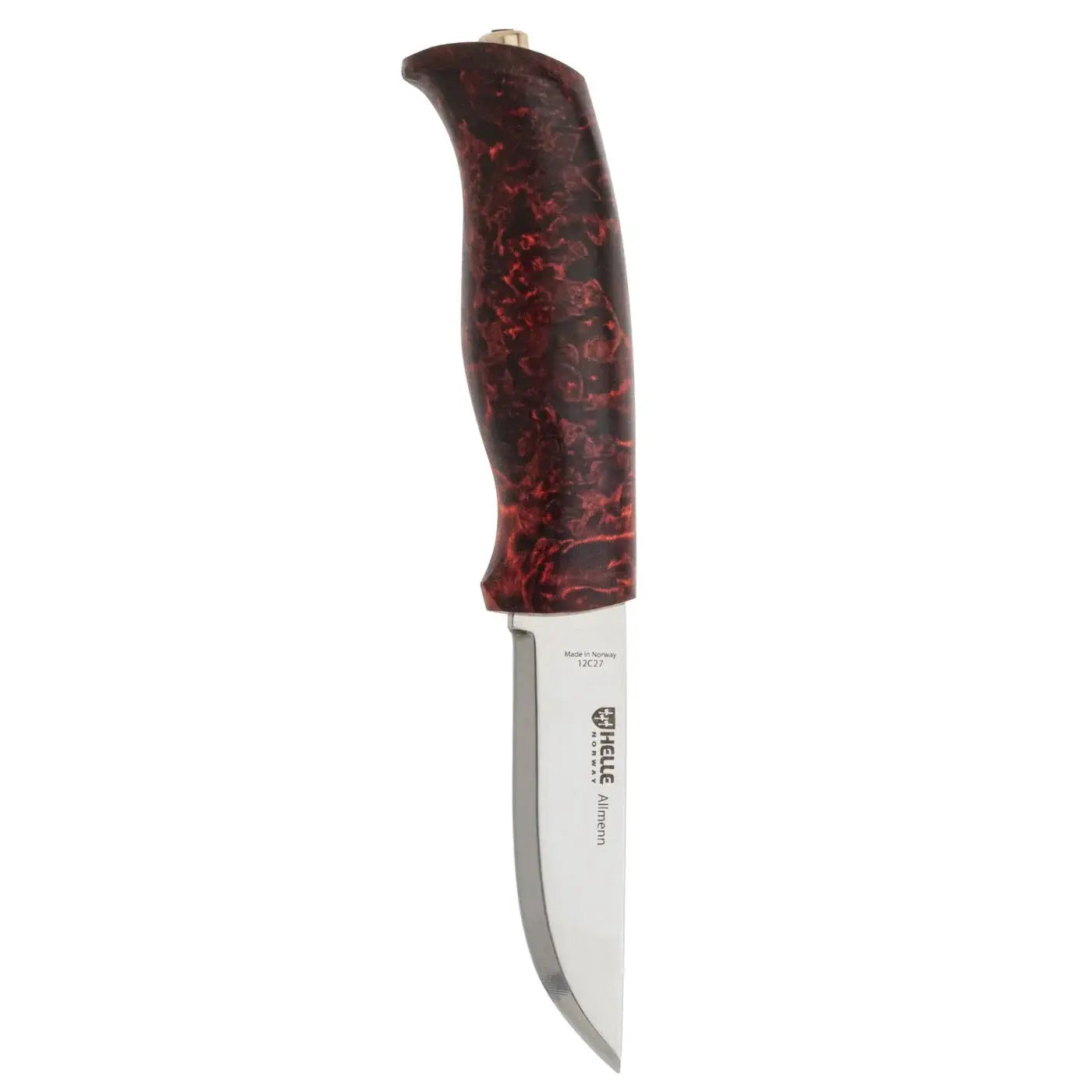 Helle Allmenn Messer 12C27 Scandi Curly Birch Outdoor Knife Norwegen + Lederscheide HELLE