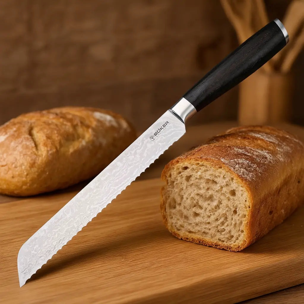Böker Meisterklinge Damast Brotmesser – VG-10 Kern, Räuchereiche, lebenslange Garantie Böker Manufaktur Solingen