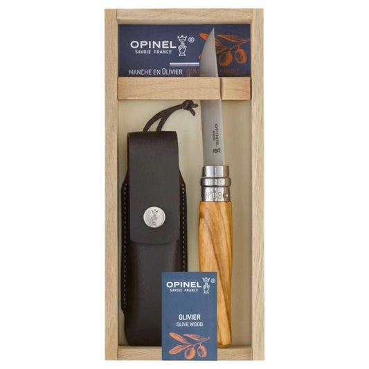 Opinel N°08 Olivenbaum + Etui – Edles Taschenmesser mit Olivenholzgriff & Schutztasche im Geschenkset Opinel
