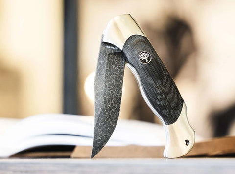Böker Scout Damast Mooreiche – Limitiert, Dragonskin, Neusilber, Backlock, Solingen, 40th Anniversary Damast Böker Manufaktur Solingen