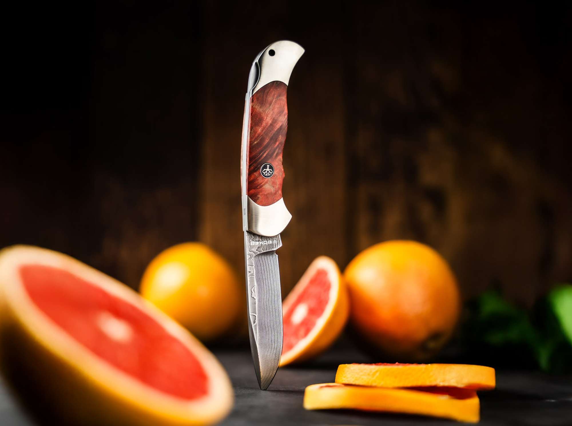 Böker Optima Maserbirke Bloody Orange Damast – Limitiertes Taschenmesser mit handgeschmiedeter Damastklinge (199 Stück)