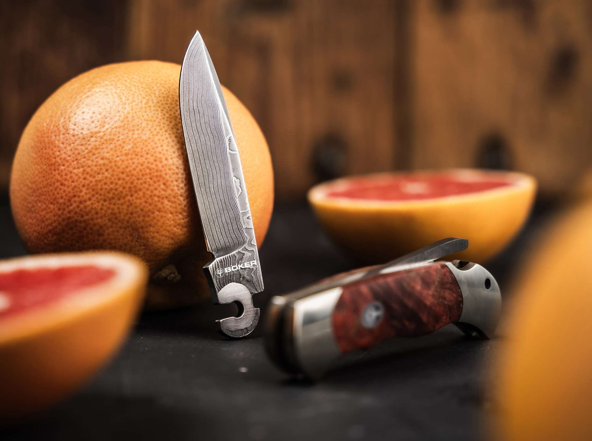 Böker Optima Maserbirke Bloody Orange Damast – Limitiertes Taschenmesser mit handgeschmiedeter Damastklinge (199 Stück)