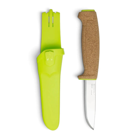Morakniv Floating Knife (S) Lime Green – schwimmendes Outdoormesser mit Naturkorkgriff und signalgrüner Scheide