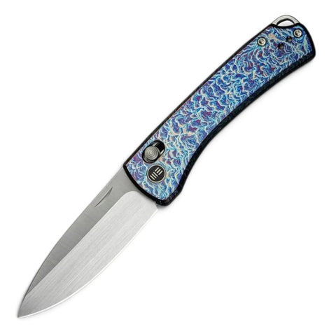 WE Knife Nightblade Flamed Titanium Blue – CPM-20CV Taschenmesser mit Crossbar Lock, Design DBK