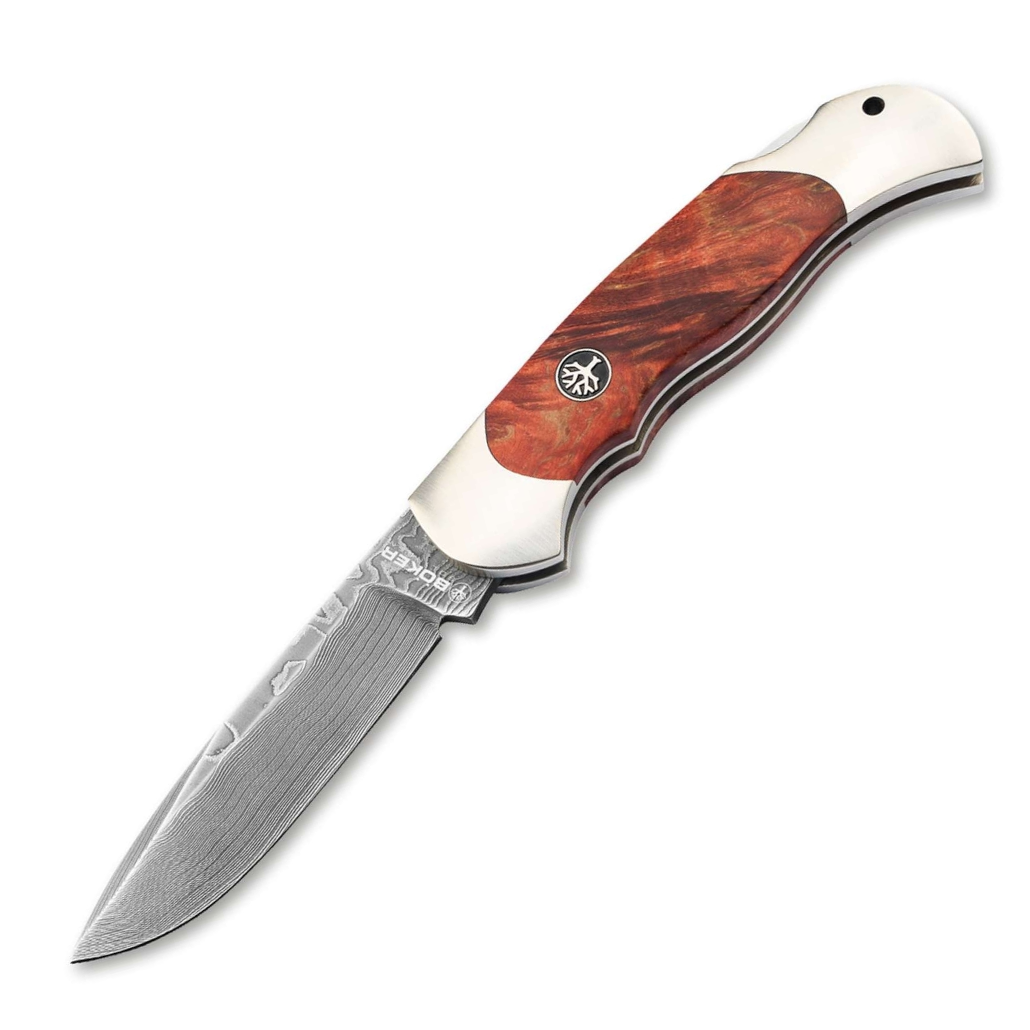Böker Optima Maserbirke Bloody Orange Damast – Limitiertes Taschenmesser mit handgeschmiedeter Damastklinge (199 Stück)