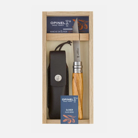 Opinel N°08 Olivenbaum + Etui – Edles Taschenmesser mit Olivenholzgriff & Schutztasche im Geschenkset Opinel