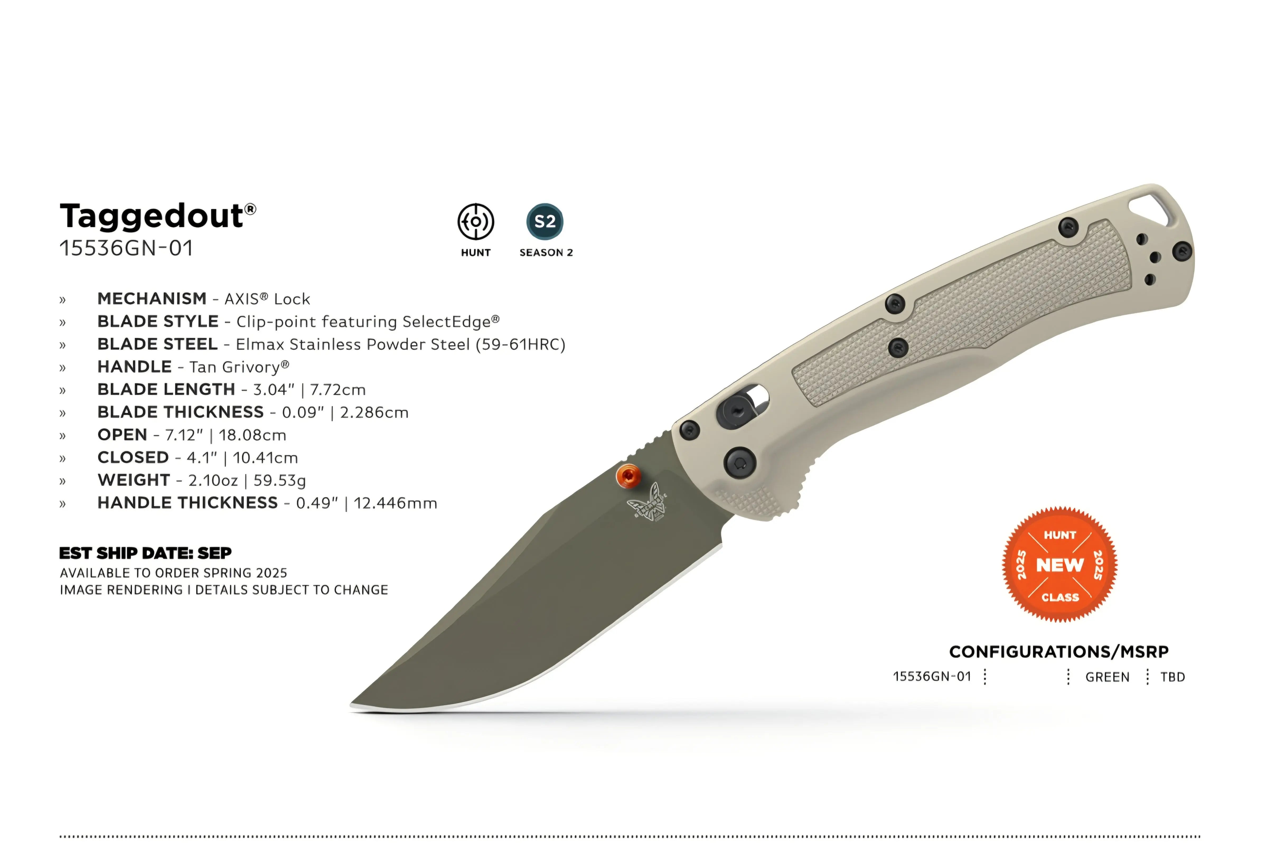 Benchmade 15536GN-01 Taggedout – Tan Grivory, Elmax, AXIS Lock, SelectEdge® Benchmade