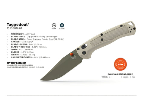 Benchmade 15536GN-01 Taggedout – Tan Grivory, Elmax, AXIS Lock, SelectEdge® Benchmade