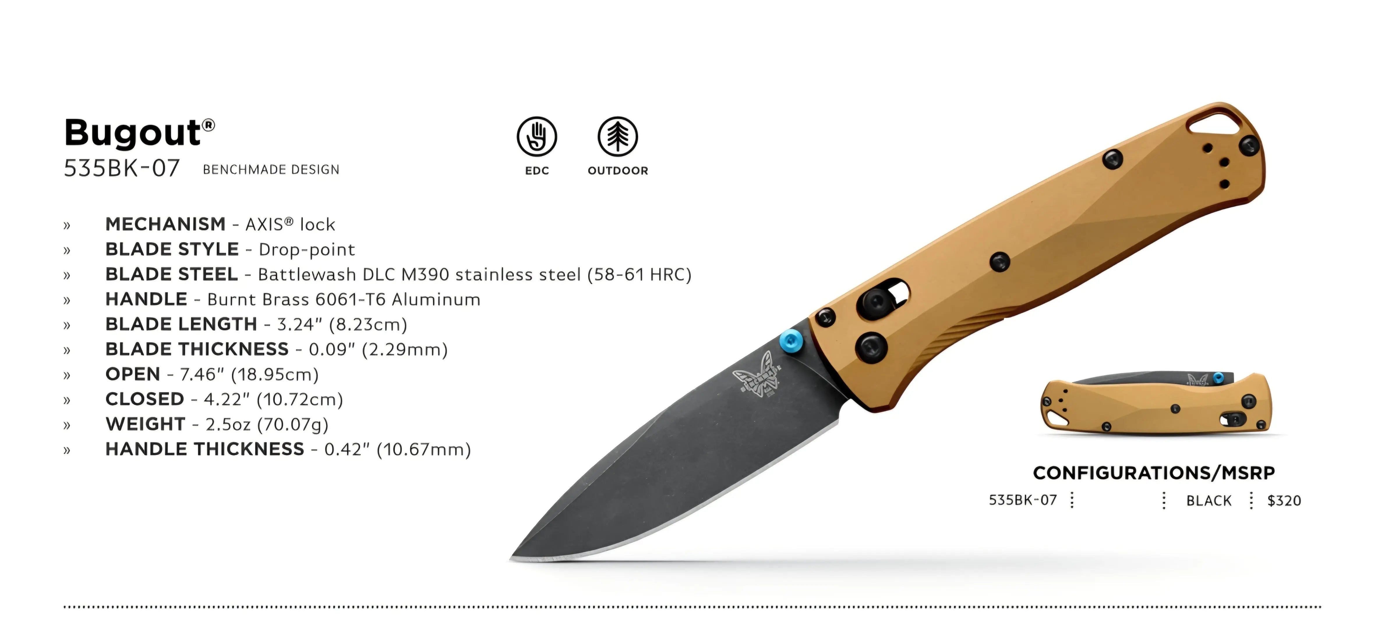 Benchmade 535BK-07 Bugout – Burnt Brass Aluminium, M390, AXIS Lock Benchmade