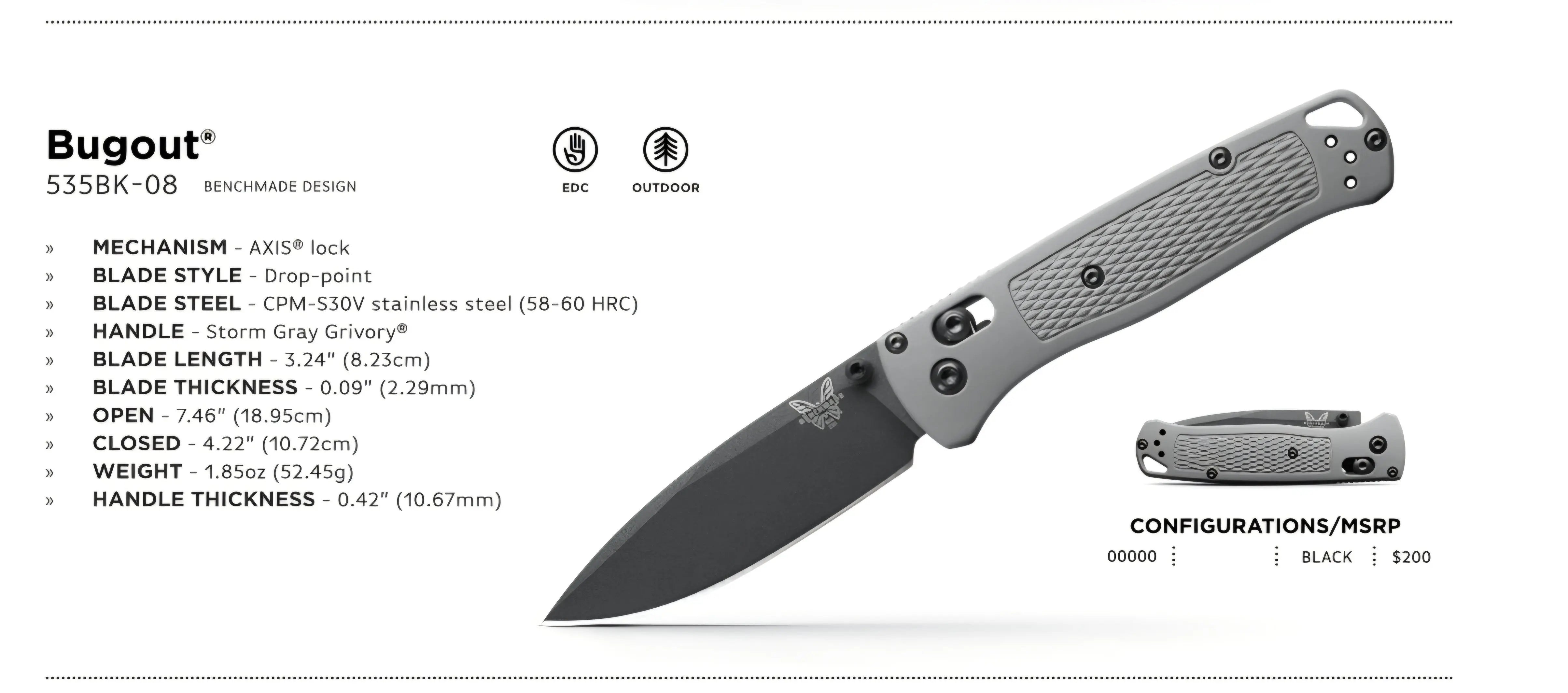 Benchmade 535BK-08 Bugout – Storm Gray Grivory, CPM-S30V, AXIS Lock Benchmade