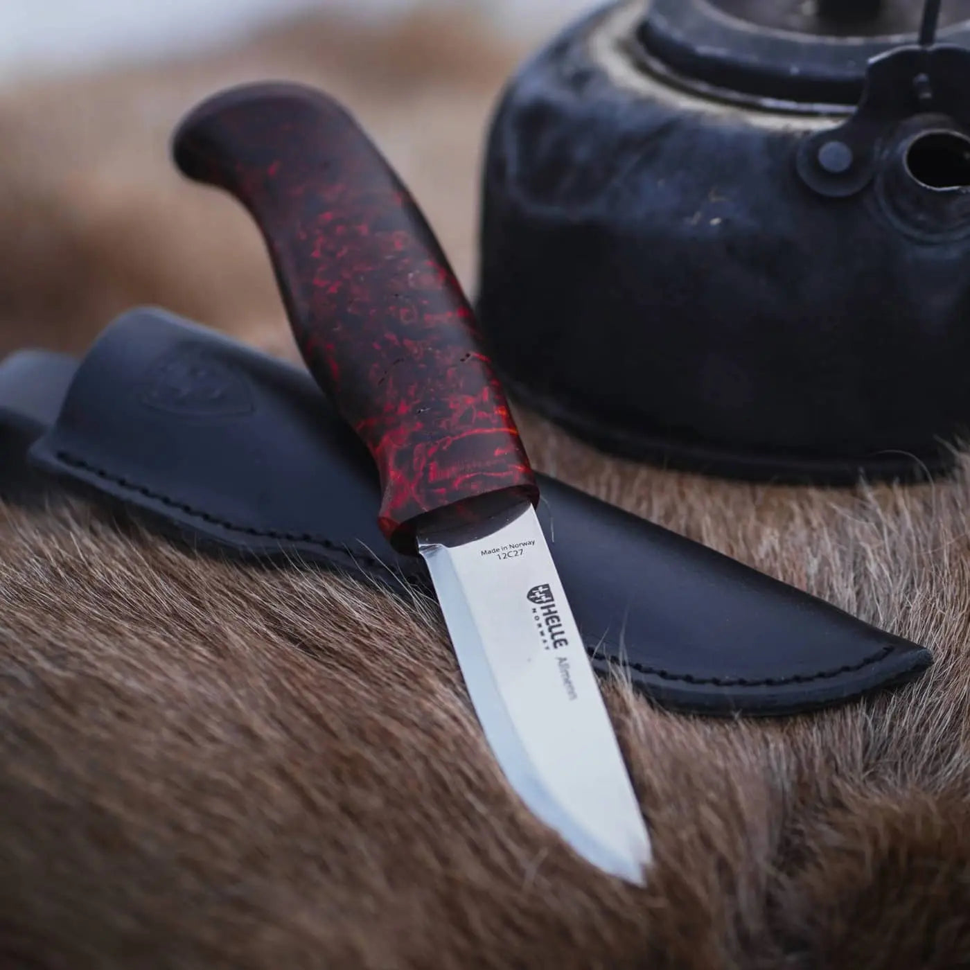Helle Allmenn Messer 12C27 Scandi Curly Birch Outdoor Knife Norwegen + Lederscheide HELLE