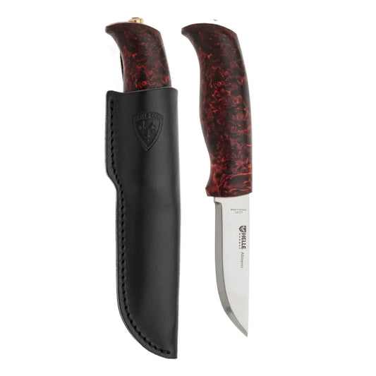 Helle Allmenn Messer 12C27 Scandi Curly Birch Outdoor Knife Norwegen + Lederscheide HELLE