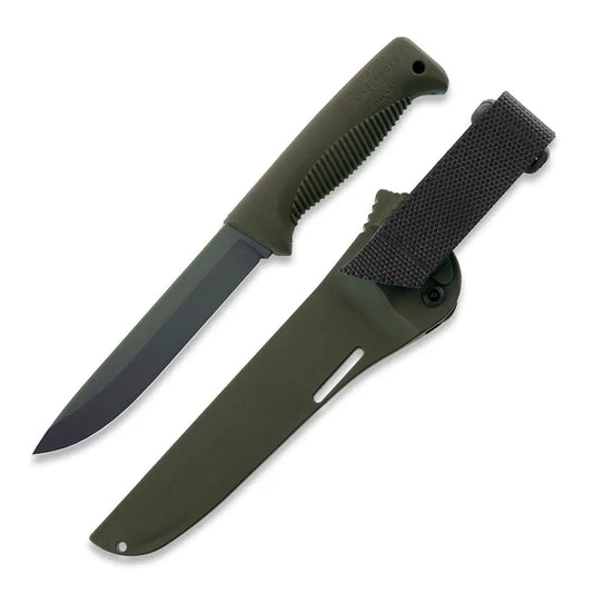 Peltonen M95 Ranger Sissipuukko OD Green – Survivalmesser mit Cerakote-Klinge und Kunststoffscheide