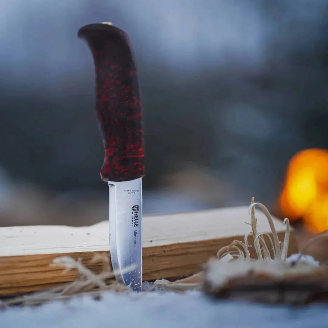 Helle Allmenn Messer 12C27 Scandi Curly Birch Outdoor Knife Norwegen + Lederscheide HELLE