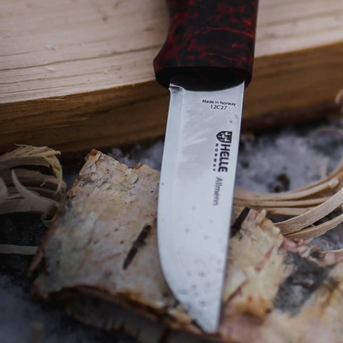 Helle Allmenn Messer 12C27 Scandi Curly Birch Outdoor Knife Norwegen + Lederscheide HELLE