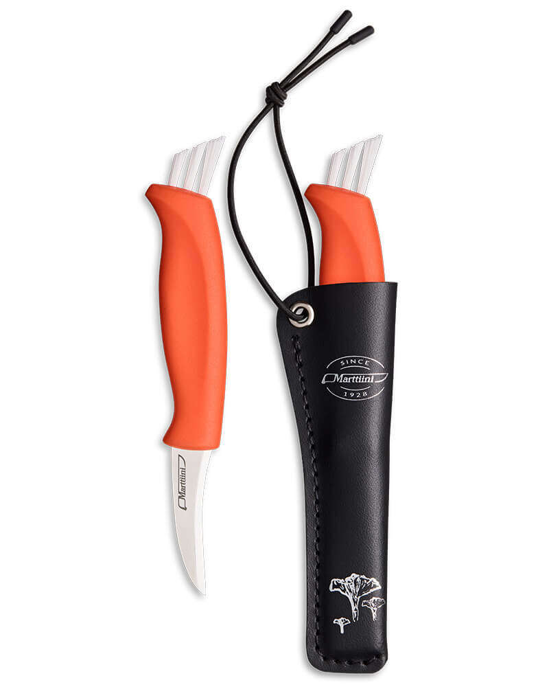 Marttiini Pilzmesser Ruska – Edelstahlklinge, roter Griff, Nylonbürste & Lederscheide