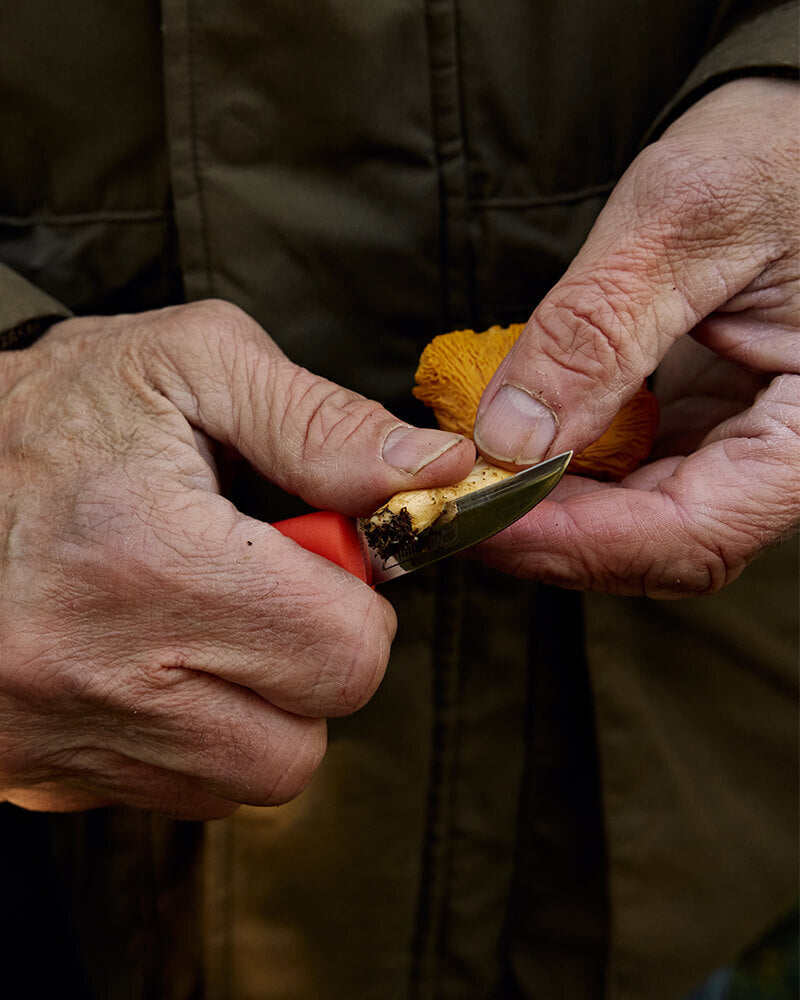 Marttiini Pilzmesser Ruska – Edelstahlklinge, roter Griff, Nylonbürste & Lederscheide
