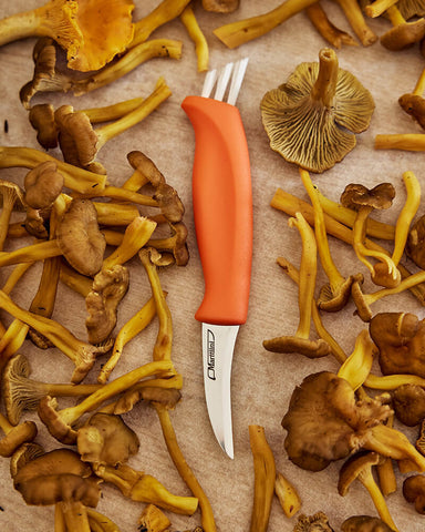 Marttiini Pilzmesser Ruska – Edelstahlklinge, roter Griff, Nylonbürste & Lederscheide