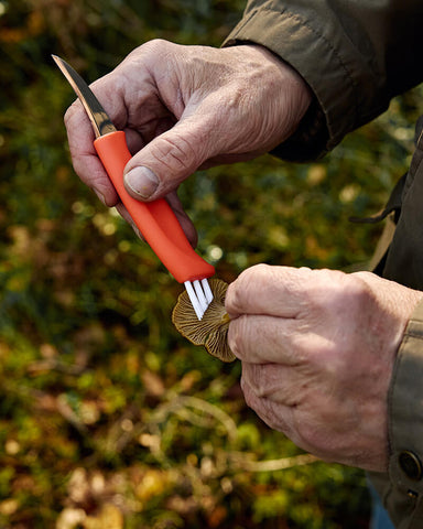 Marttiini Pilzmesser Ruska – Edelstahlklinge, roter Griff, Nylonbürste & Lederscheide