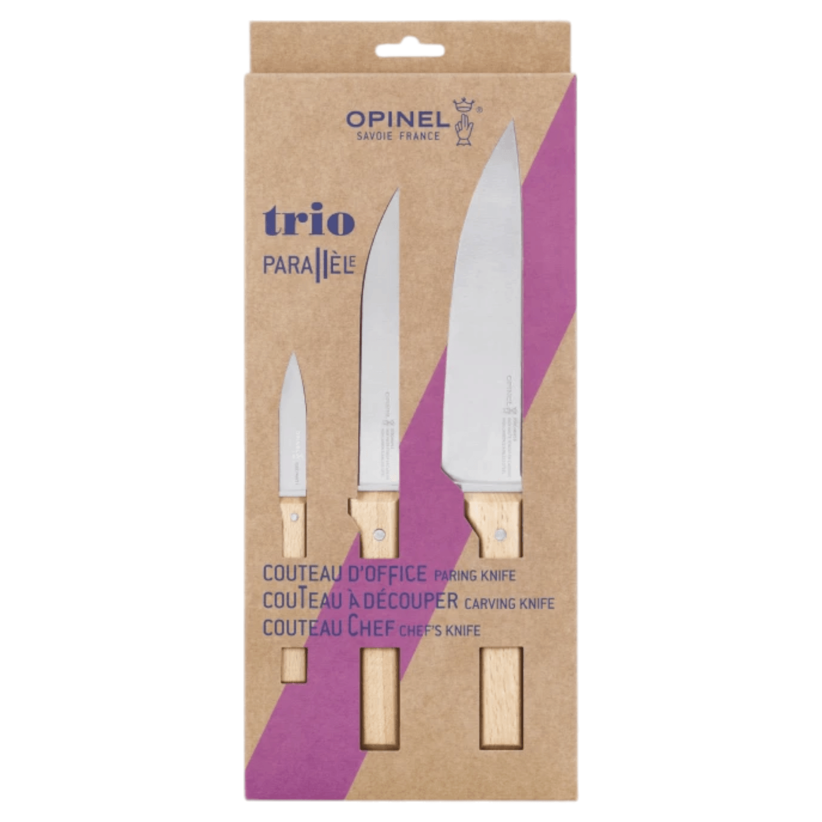 Opinel Parallele Set, 3 Messer Chefmesser Tranchiermesser und Allzweckmesser