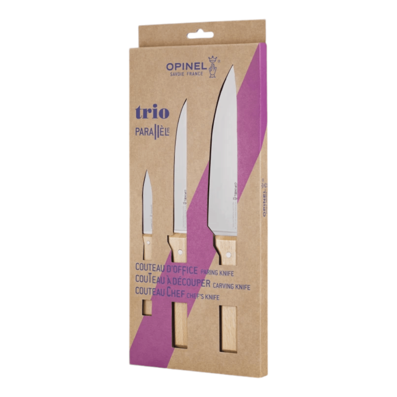 Opinel Parallele Set, 3 Messer Chefmesser Tranchiermesser und Allzweckmesser