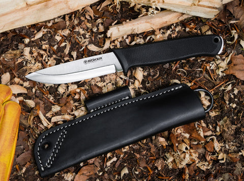 Böker Arbolito BK-1 – Bushcraft Messer N690 Stahl, TPE Griff, Lederscheide