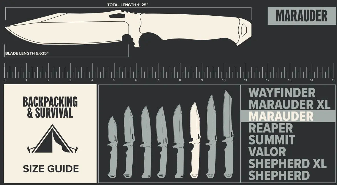 Maßzeichnung des Dawson Knives Marauder mit 14,3 cm Klingenlänge