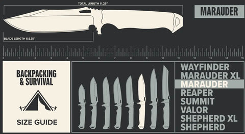 Maßzeichnung des Dawson Knives Marauder mit 14,3 cm Klingenlänge