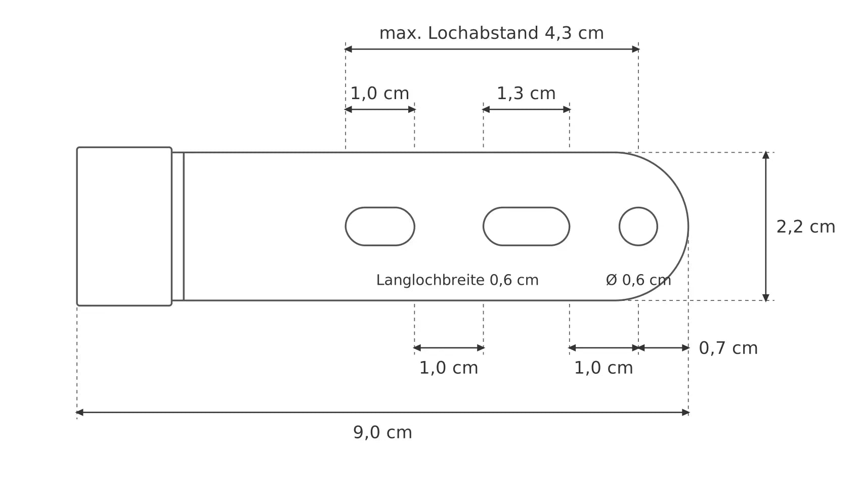 Ulticlip 3+ Maßzeichnung: 9,0 × 2,2 cm, Bohrung und zwei Langlöcher, Lochabstand bis 4,3 cm