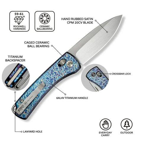 WE Knife Nightblade Flamed Titanium Blue – CPM-20CV Taschenmesser mit Crossbar Lock, Design DBK